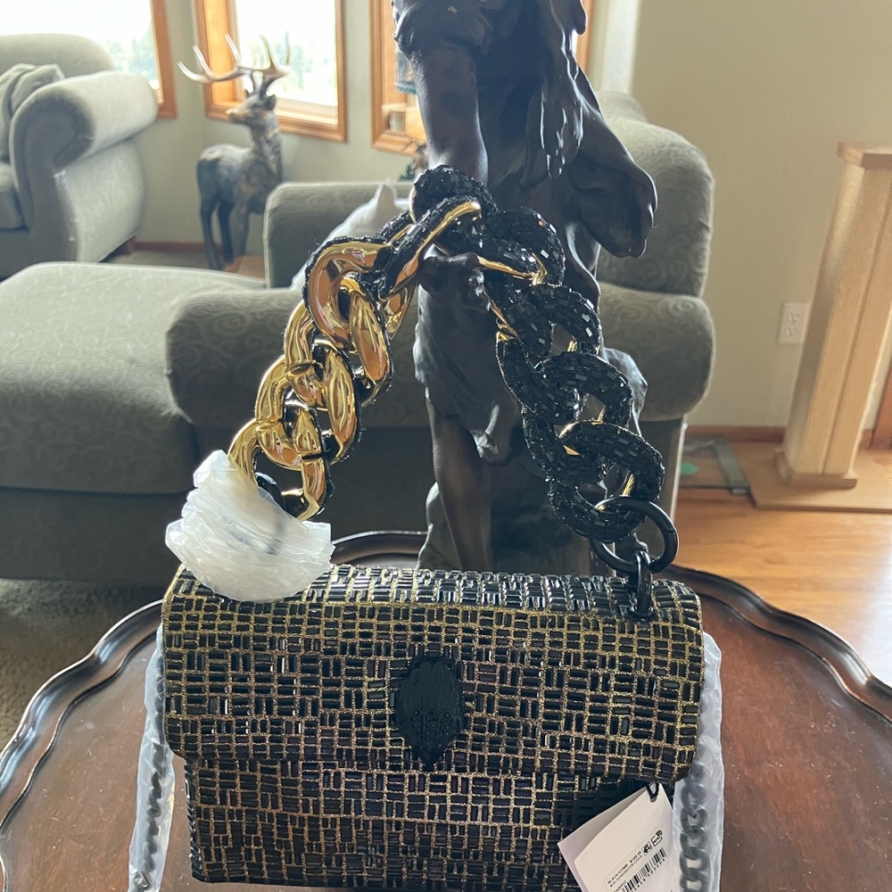 Kurt Geiger mini Black and Gold Woven-Texture Chain Shoulder Bag NWT